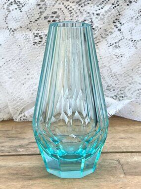 Blue Bud Vase Josef Hoffmann Moser Art Deco Octagonal Faceted Glass 6" Excellent